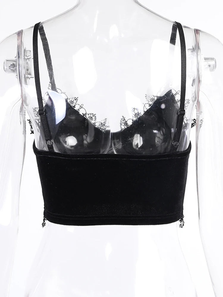 Velvet Crop Tops Black Lace Trim