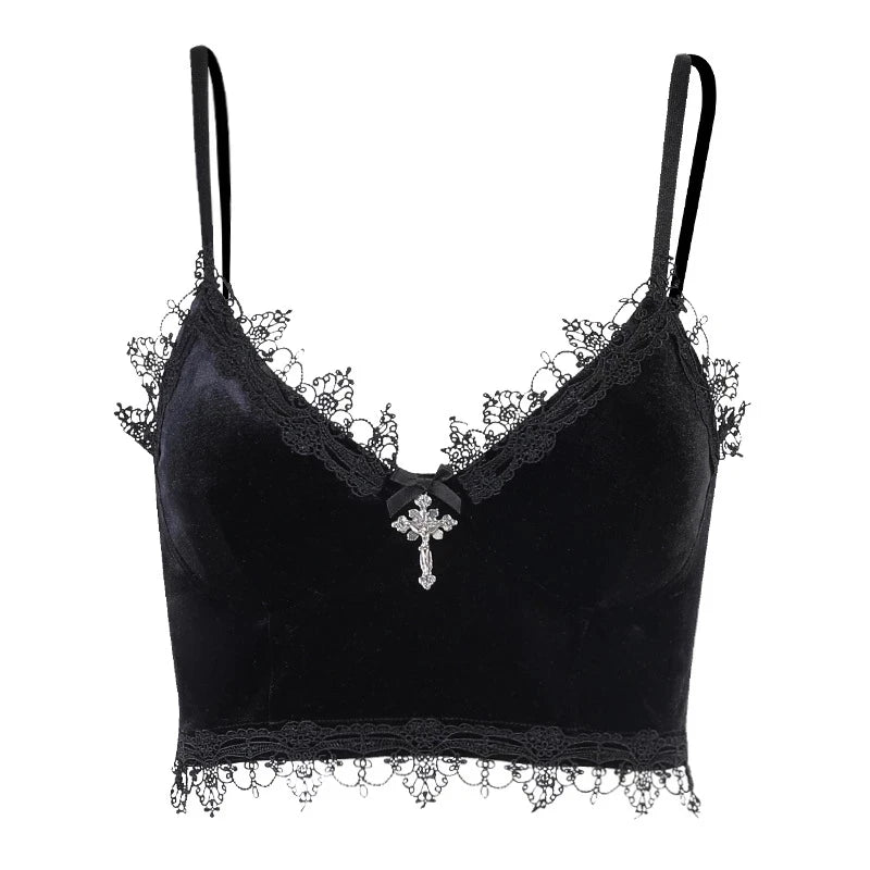 Velvet Crop Tops Black Lace Trim