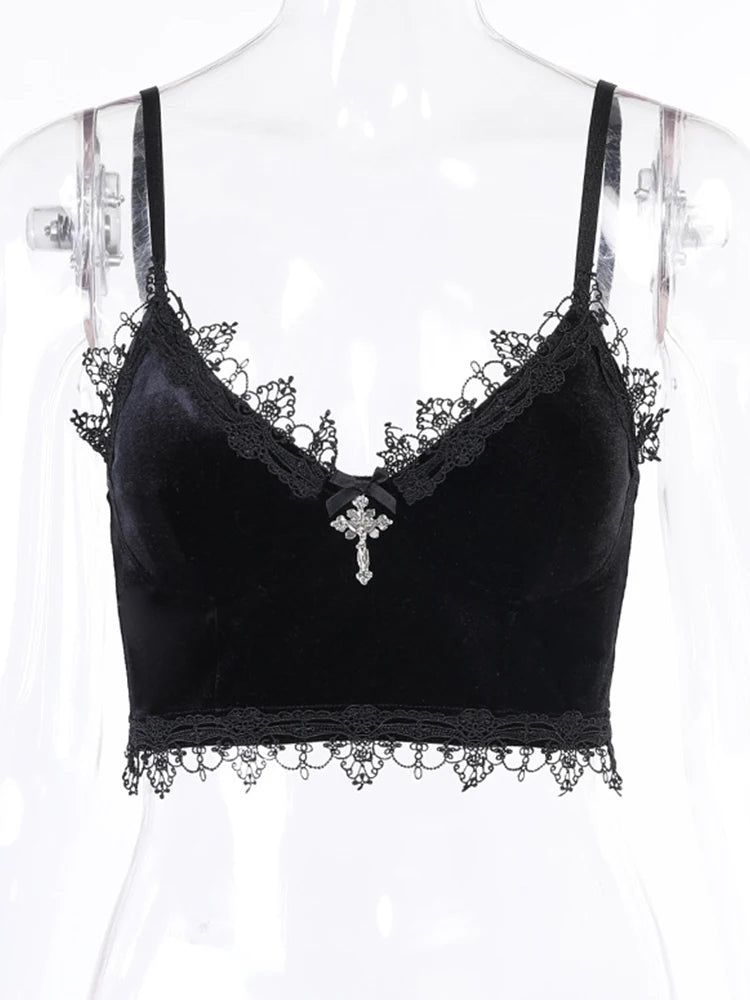 Velvet Crop Tops Black Lace Trim