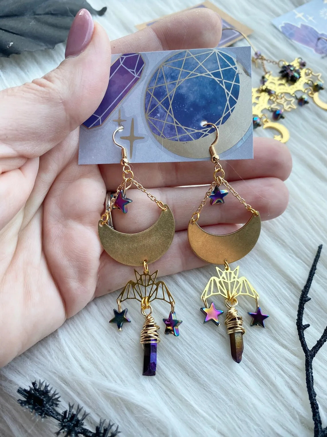 Celestial Bat Earrings, Moth Earrings, Bug Earrings, Halloween Earrings
